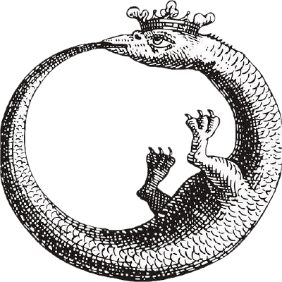 An image of a serpent eating it's own tail, also called the Ouroboros.