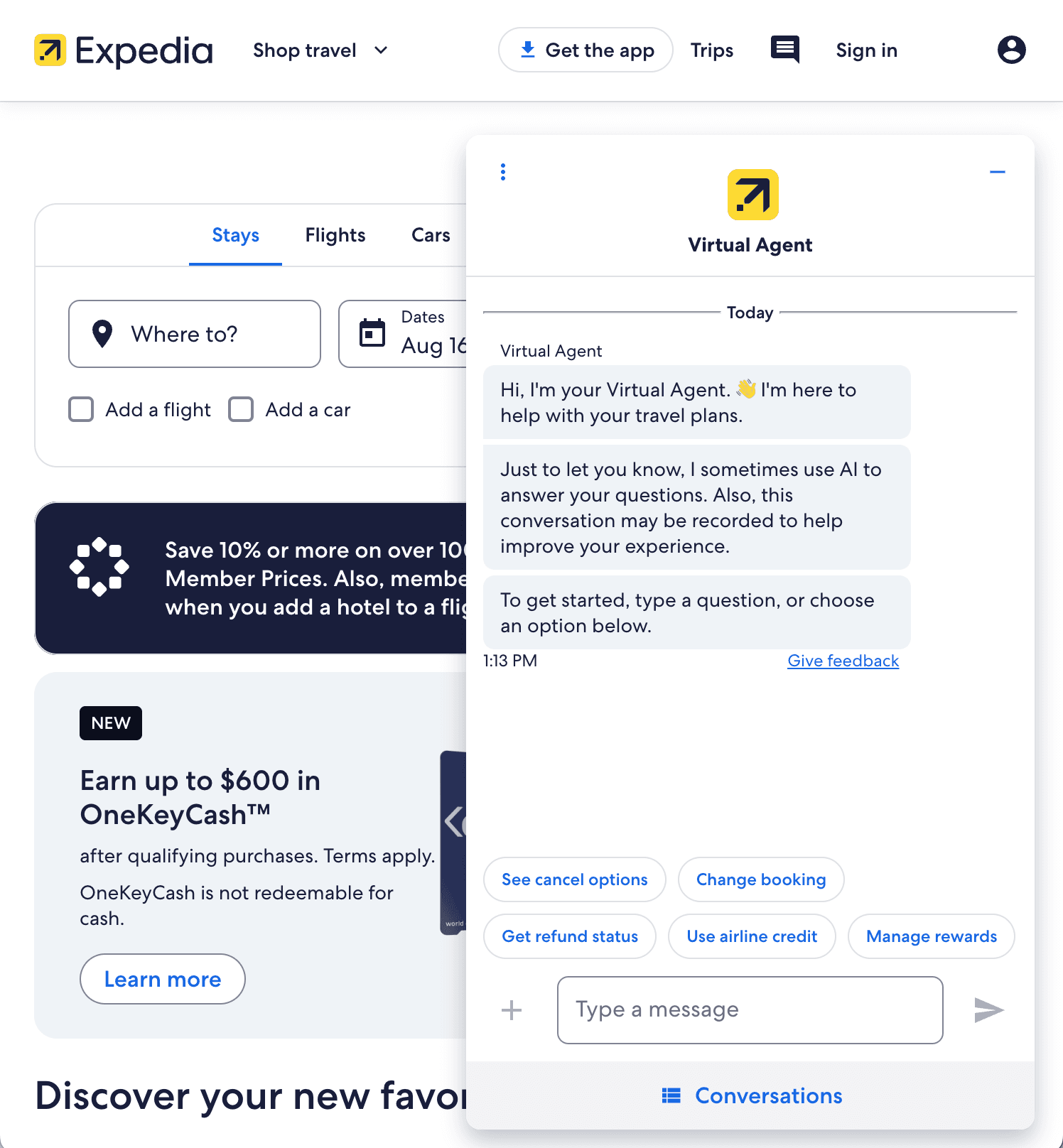 Screenshot of Expedia's Virtual Agent Chat interface.