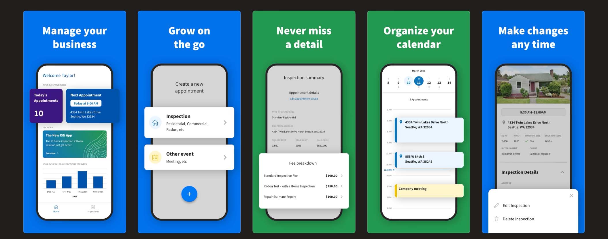 Mobile app screenshots for Porch Group and Inspection Support Network.