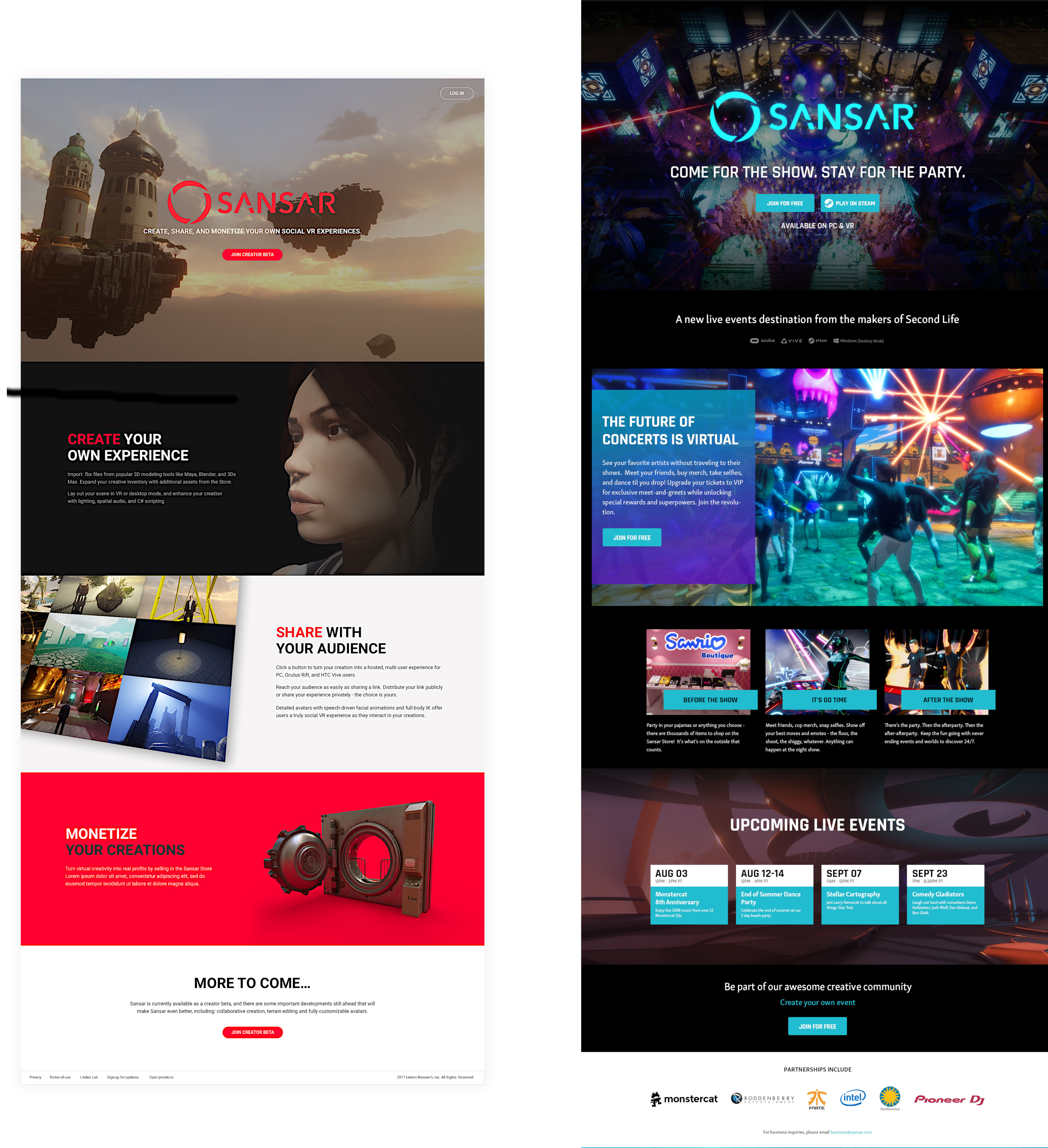 Screenshot montage showing the evolution of Sansar's homepage.