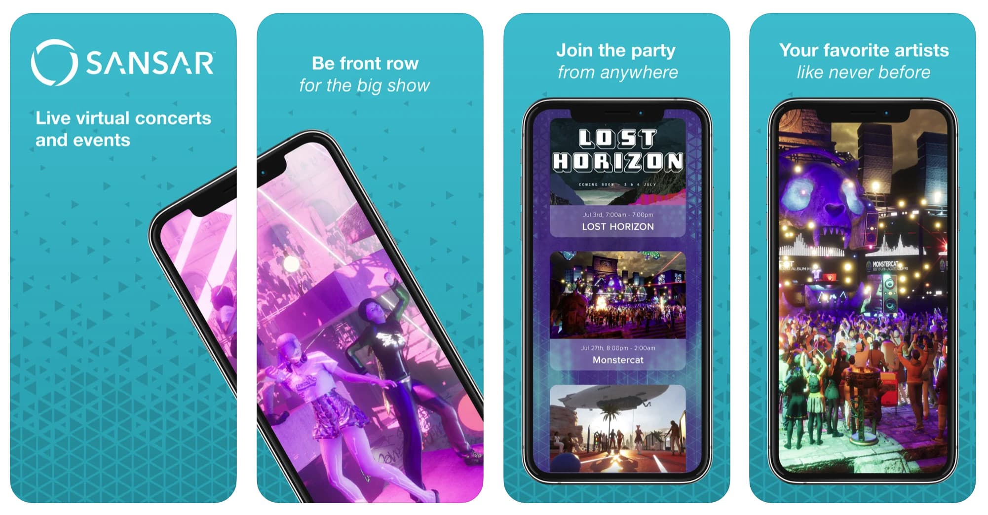 iPhone screenshots of the Sansar mobile events experience.
